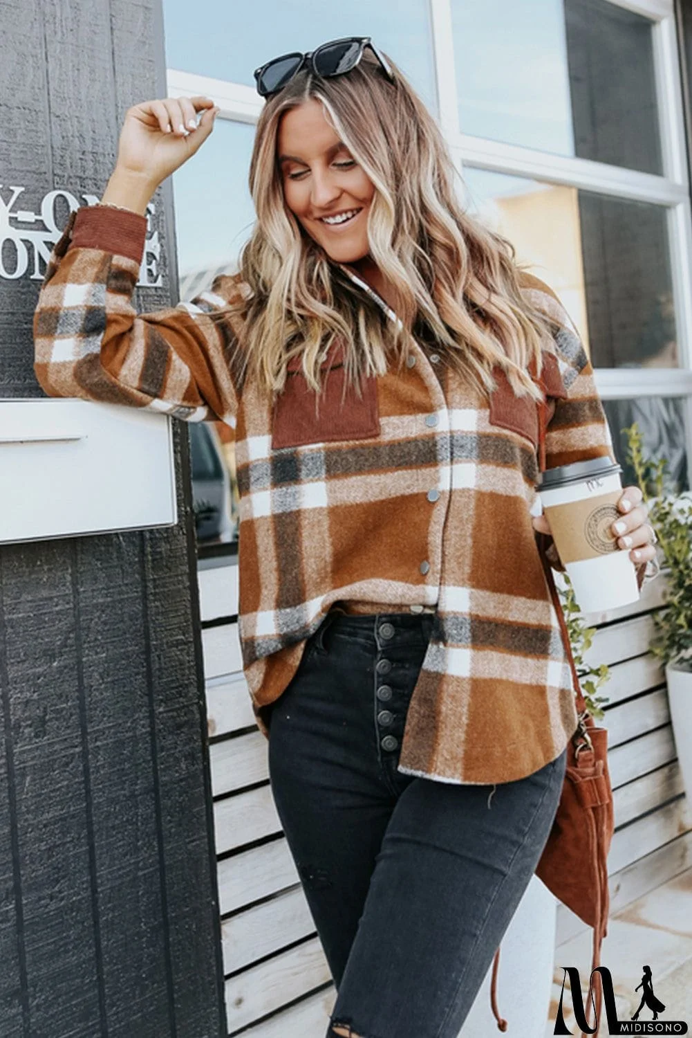 MidiSono - Pocketed Buttoned Plaid Shirt Jacket