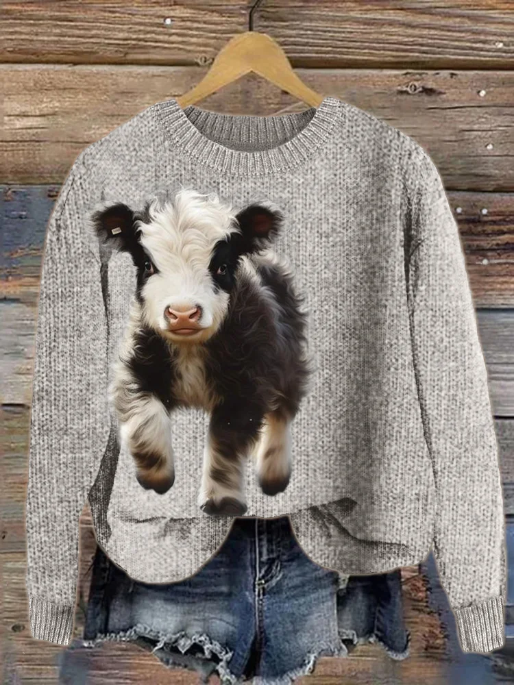 VChics Fuzzy Baby Cow Art Cozy Knit Sweater