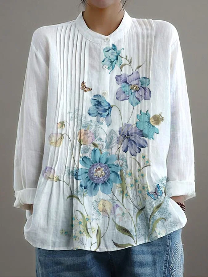 Women's Casual Loose Floral Cotton And Linen Shirt 