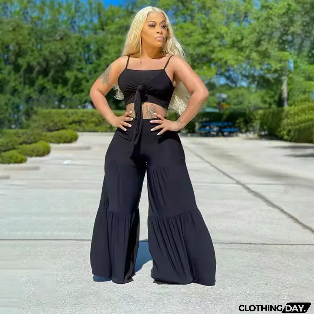 Plus Size Casual Solid Color Sling Top Loose Pants 2 Piece Sets