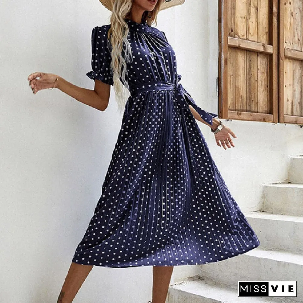 Casual Womens Summer Dress Pleated Short Sleeve New Chic Elegant Fashion Lace-up Polka Dot