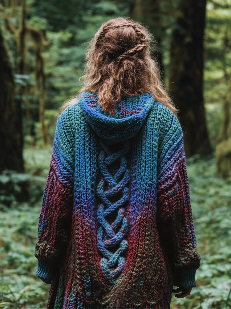 VChics Women's Celtic Knot Retro Rainbow Chunky Knit Hooded Cardigan