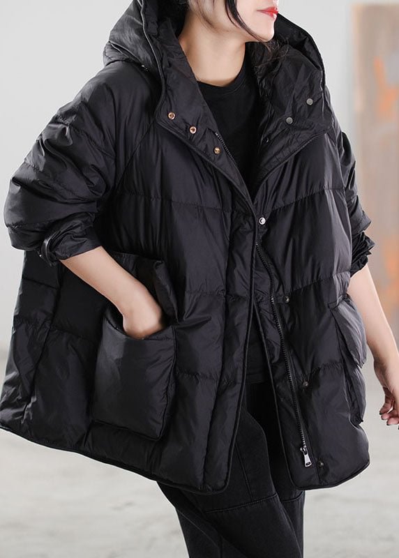 Boho Black Zip Up drawstring Duck Down Winter Coats CK488- Fabulory