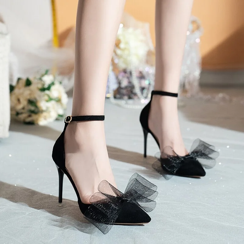 Qengg 2022 New Spring Autumn Women's Fashion Mesh Bow High Heels Sexy Black Stiletto Nightclub Party Shoes Temperament Buckle Sandals