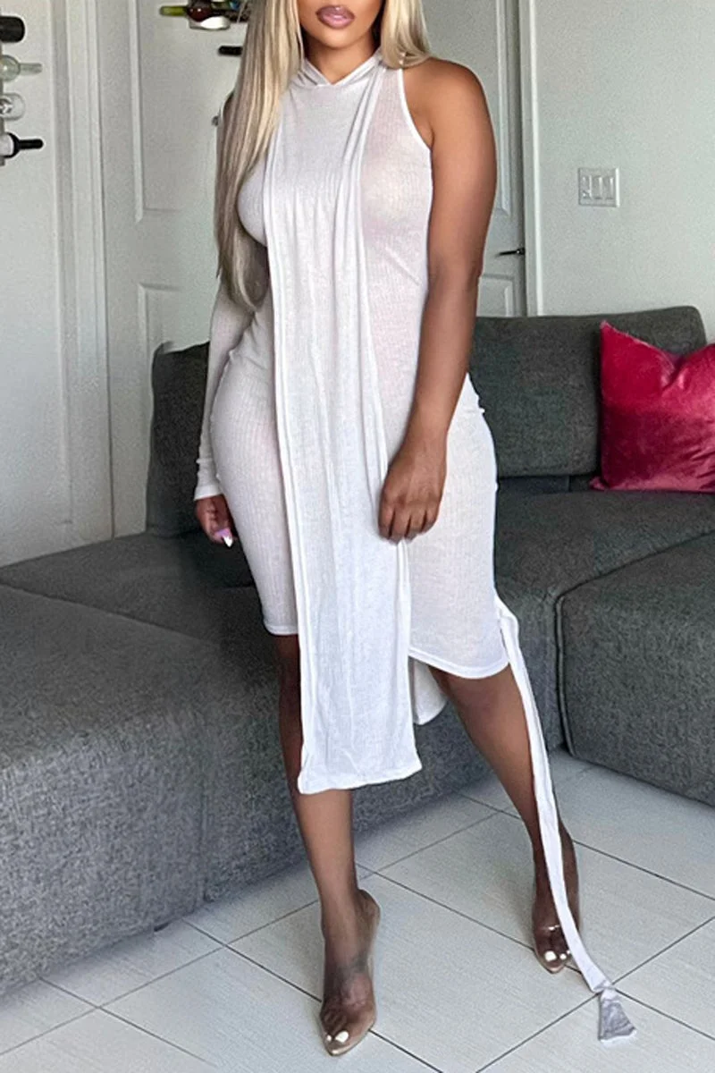 Plus Size Casual Solid One Shoulder Hooded Midi Dress