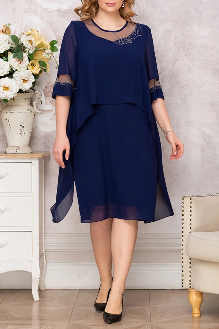 Flycurvy Plus Size Mother Of The Bride Navy Blue Chiffon Mesh Stitching See-Through Midi Dress  Flycurvy [product_label]