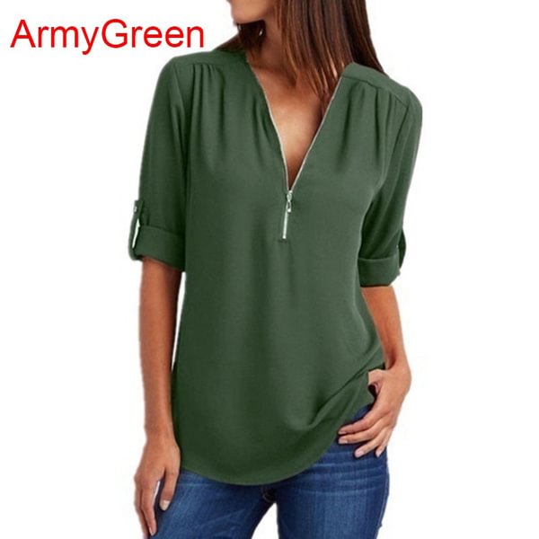 Plus Size Women's Fashion Chiffon Shirt V-neck Long Sleeve Loose Tops Zipper - Shop Trendy Women's Clothing | LoverChic