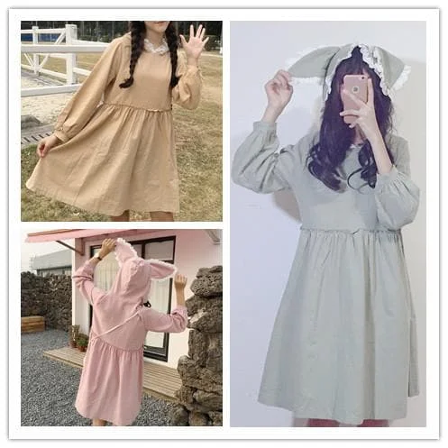 Pink/Khaki/Green Kawaii Falbala Bunny Hoodie Dress SP1812099