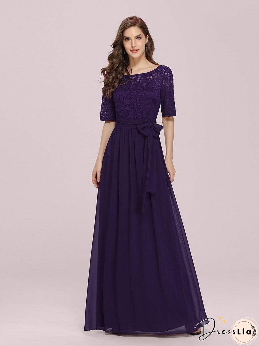 Sophisticated Lace Bodice Chiffon Maxi Evening Gown with Belt for Elegant Occasions