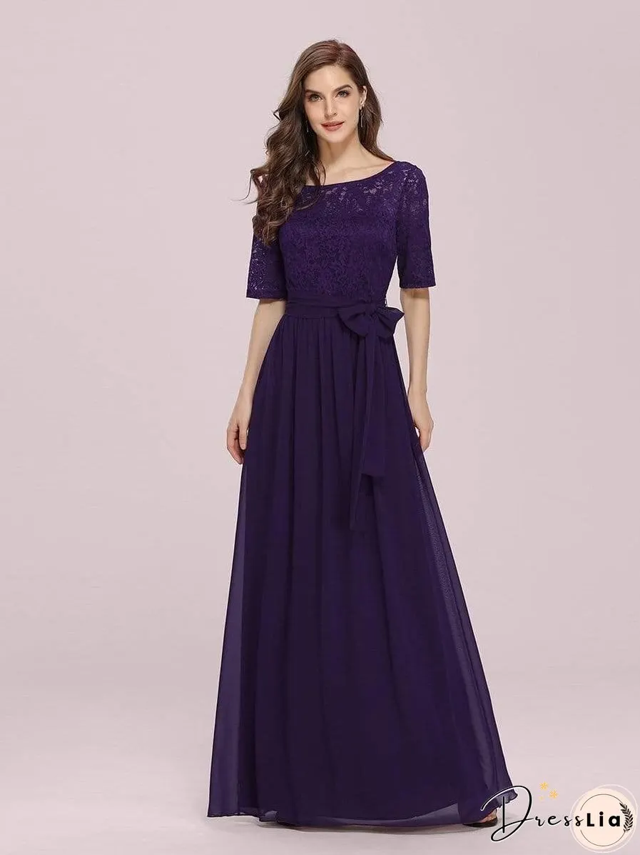 Sophisticated Lace Bodice Chiffon Maxi Evening Gown with Belt for Elegant Occasions