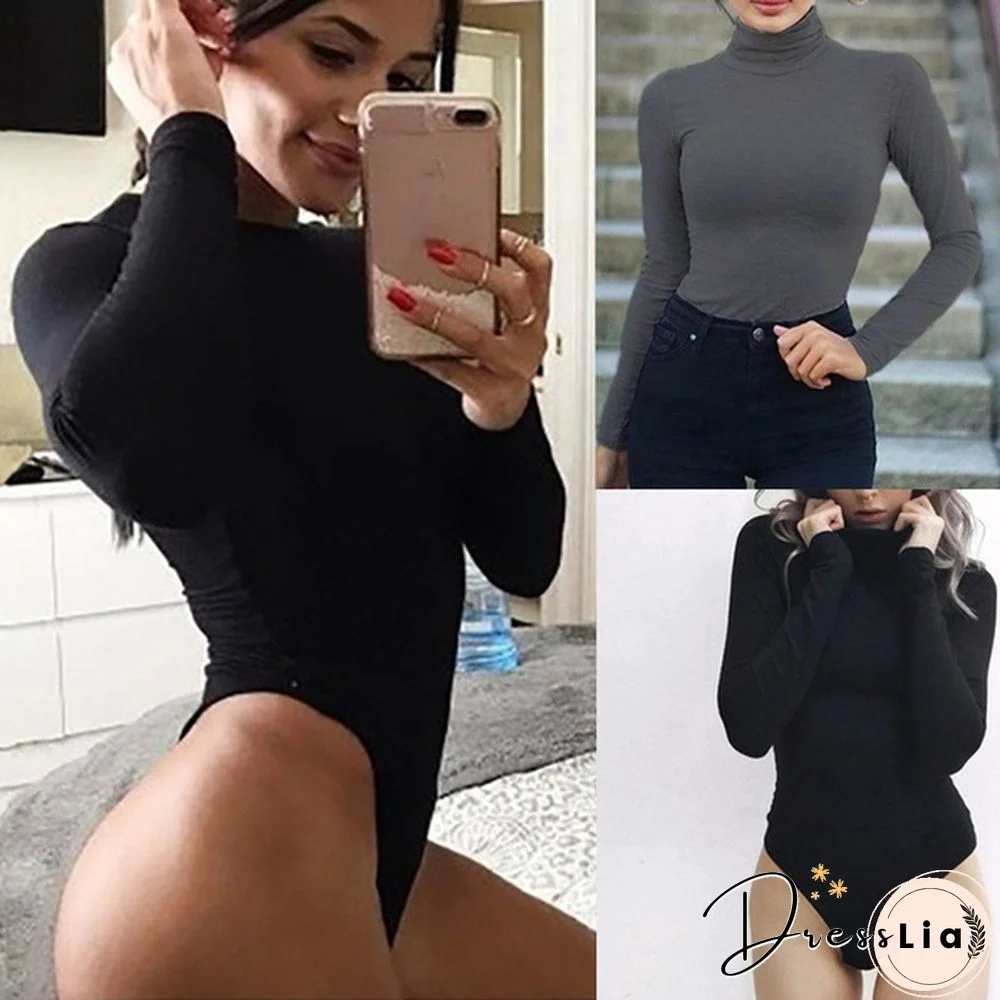 Women's Ladies Fashion Turtleneck Long Sleeve Jumpsuit Bodysuit Bodycon Rompers Slim topss