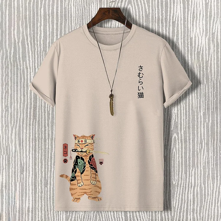 Men'S Japanese Sushi Samurai Cat Print Casual T-Shirt