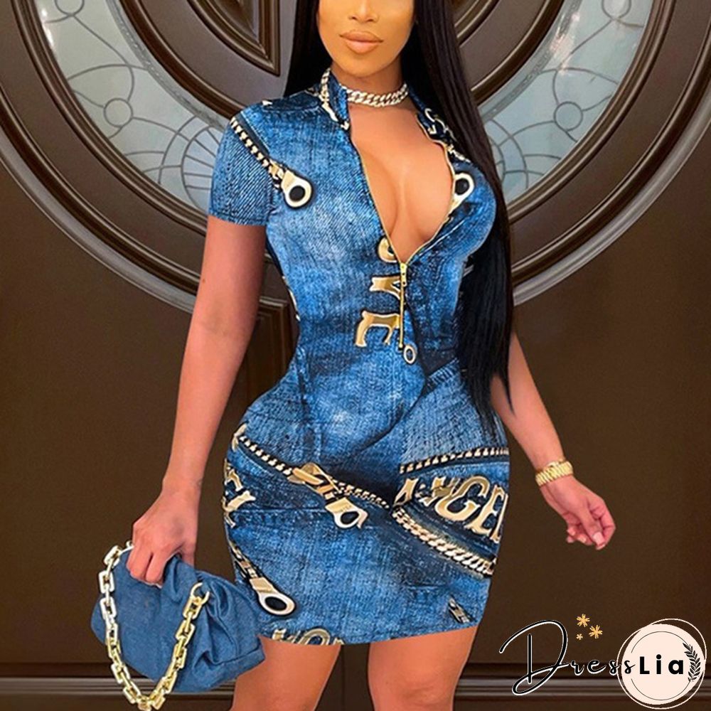 Summer New Fashion Women's Short Sleeve Vintage Printed Casual V-Neck Dress Loose Plus Size Summer Zipper Print Dress