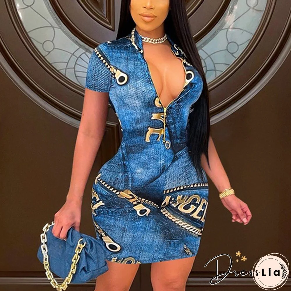 Summer New Fashion Women's Short Sleeve Vintage Printed Casual V-Neck Dress Loose Plus Size Summer Zipper Print Dress