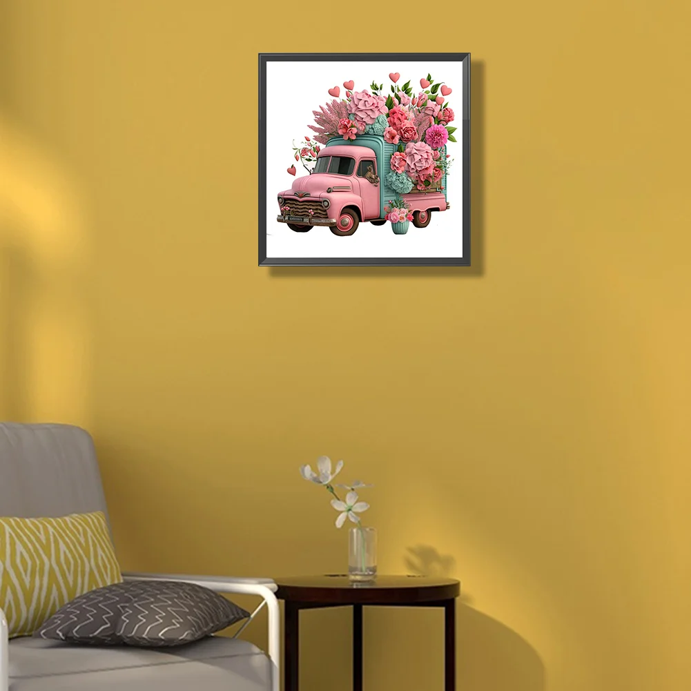 Full Round Diamond Painting 30*30cm - Pink Flower Classic Car