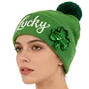 St Patricks Day Hat Sequins Lucky Pom Beanie Hats Green Knit Winter Hat for Irish-Themed Events