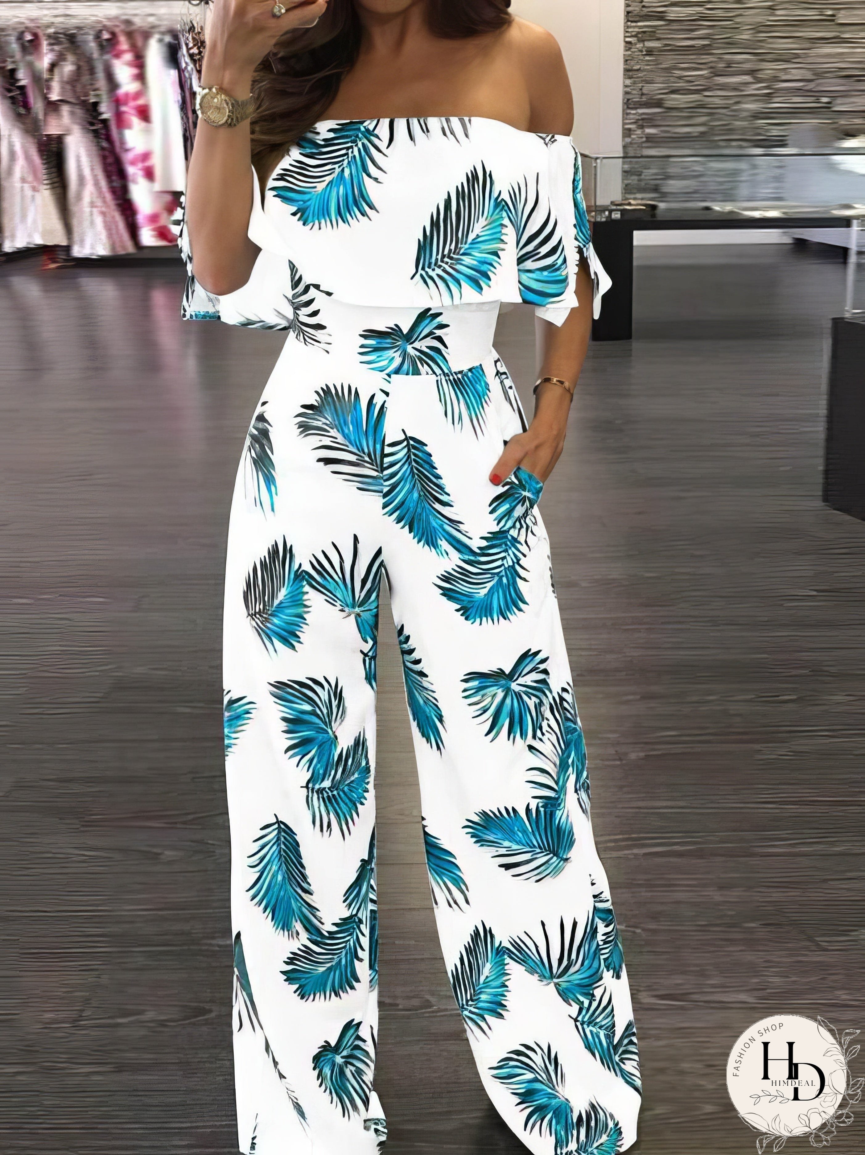 Fashion Print Frilled Off Shoulder Flared Jumpsuit