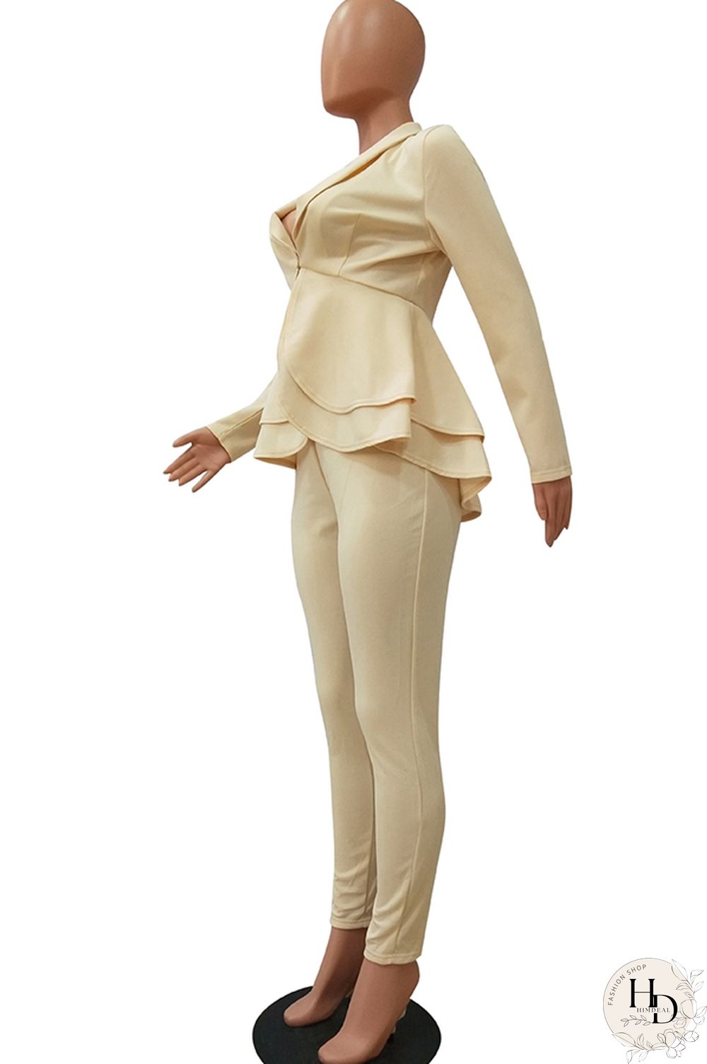 Black Casual Two Piece Suits Patchwork ruffle Solid pencil Long Sleeve