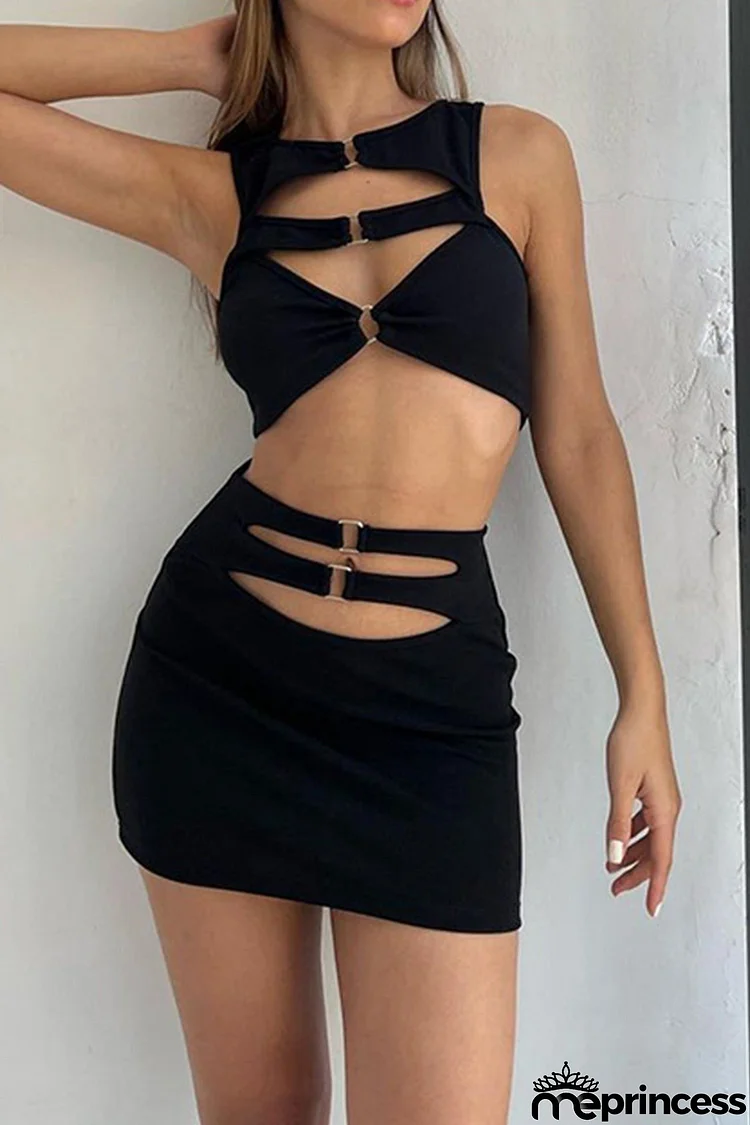 Sleeveless Cutout Crop Top Skirt Suits