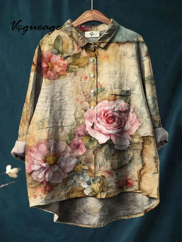 Generous And Elegant Peony Flowers Printed Cotton And Linen Shirt