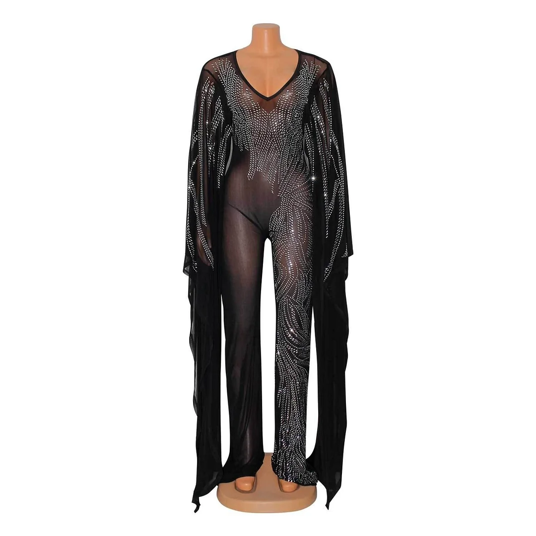 Jumpsuits Full Pant  O-neck Sequins Glitter Office Lady Women Sleeveless Banquet Party Festival Diamonds Rompers