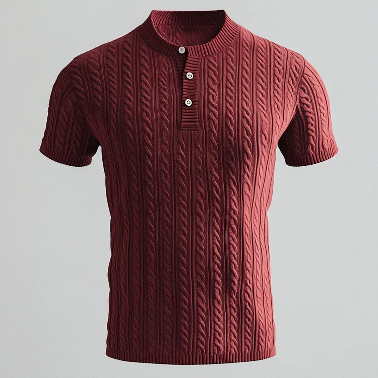 Men's Cable Knit Half Button Short Sleeve Shirt