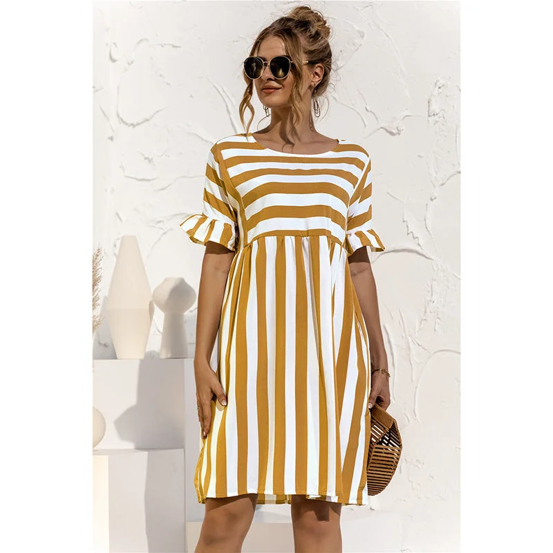 Back to school  Women Elegant Ruffle Sleeve Striped Patchwork A Line Dress 2022 Summer Casual High Waist O Neck Loose Pocket Dress Beach Wear