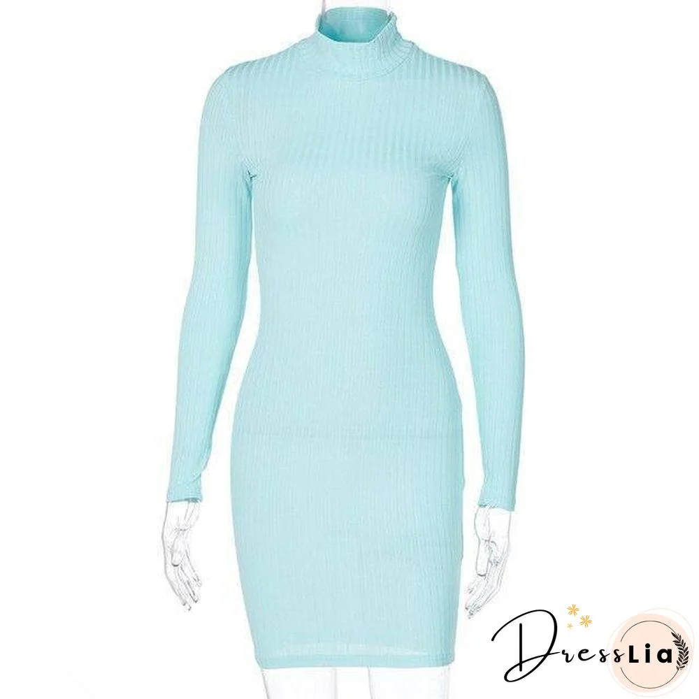 Simenual Ribbed Knitting Turtleneck Autumn Mini Dress Women Long Sleeve Fashion Sexy Party Bodycon Clubwear Dresses Skinny