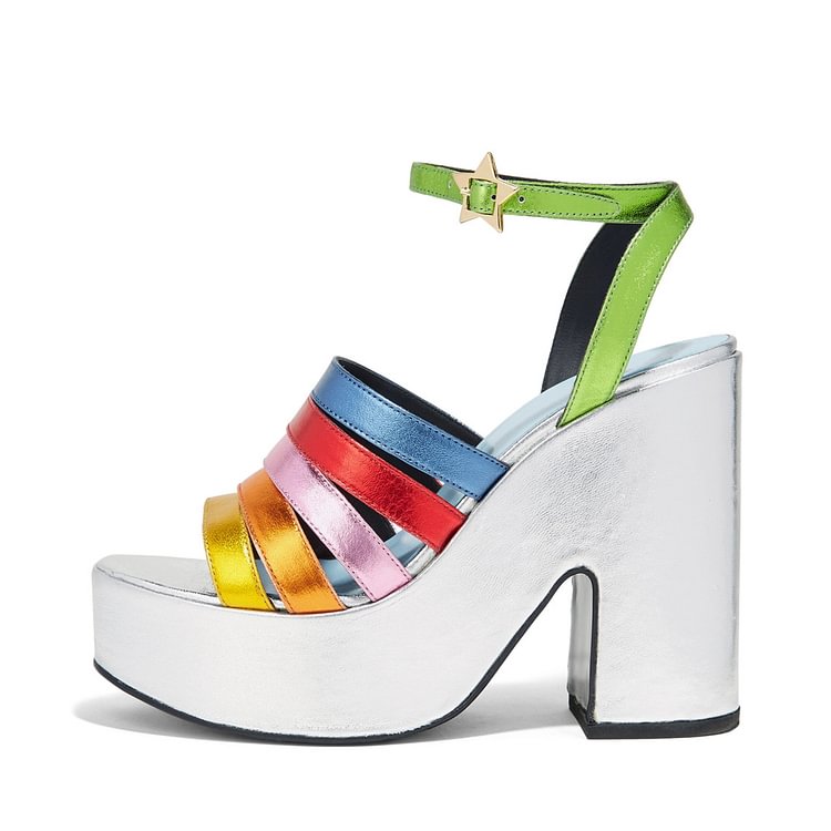 Women's Colorful Platform Chunky Heels Ankle Strap Sandals |FSJ Shoes