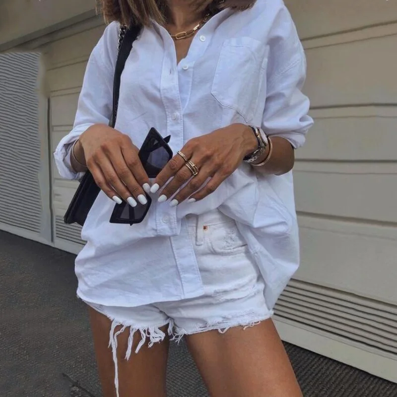 Msfancy Summer White Blouse Women 2021 Cotton Long Sleeve Oversized Vetement Femme Casual Shirt