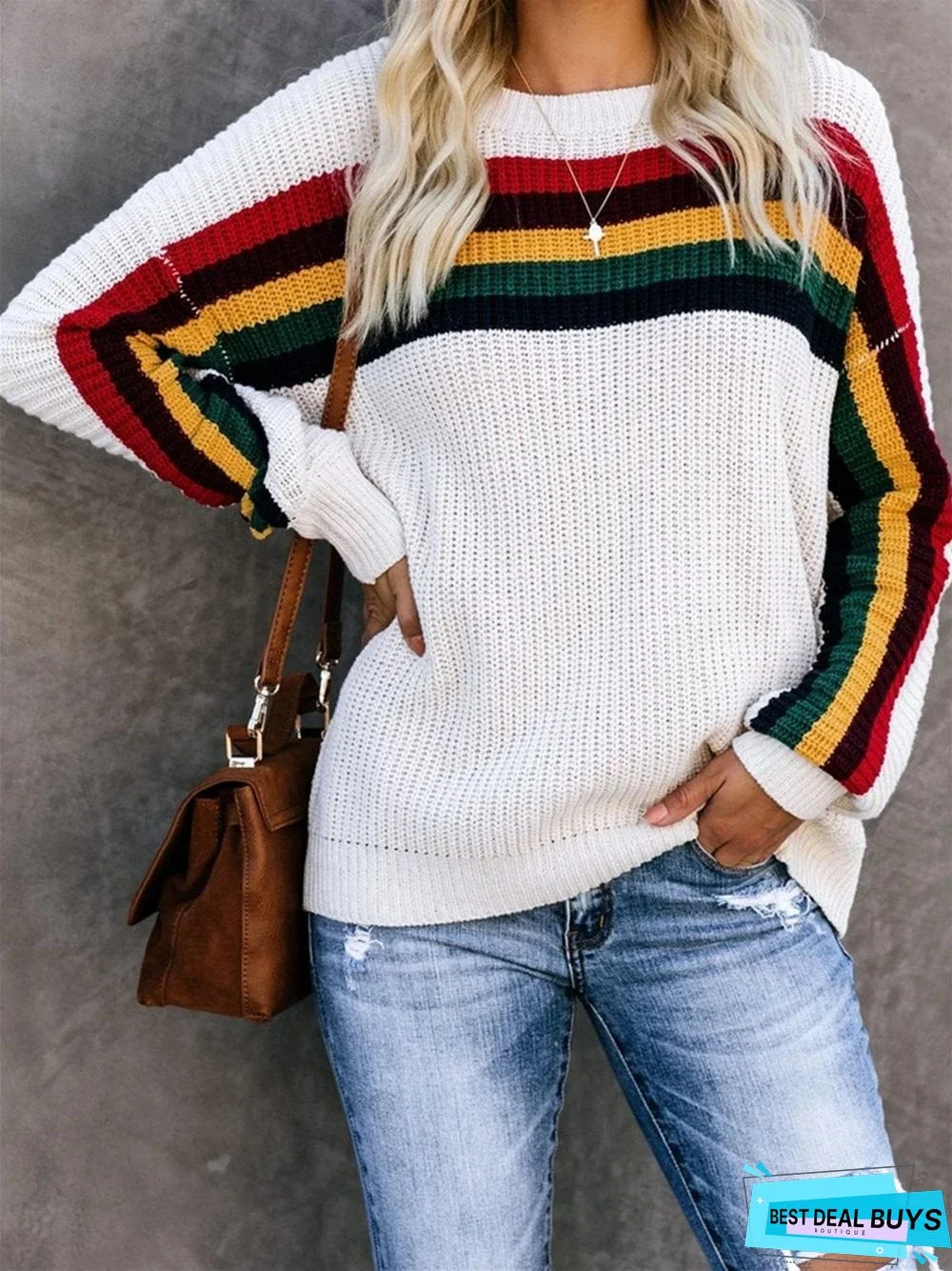Stripes Knitted Crew Neck Long Sleeve Sweater