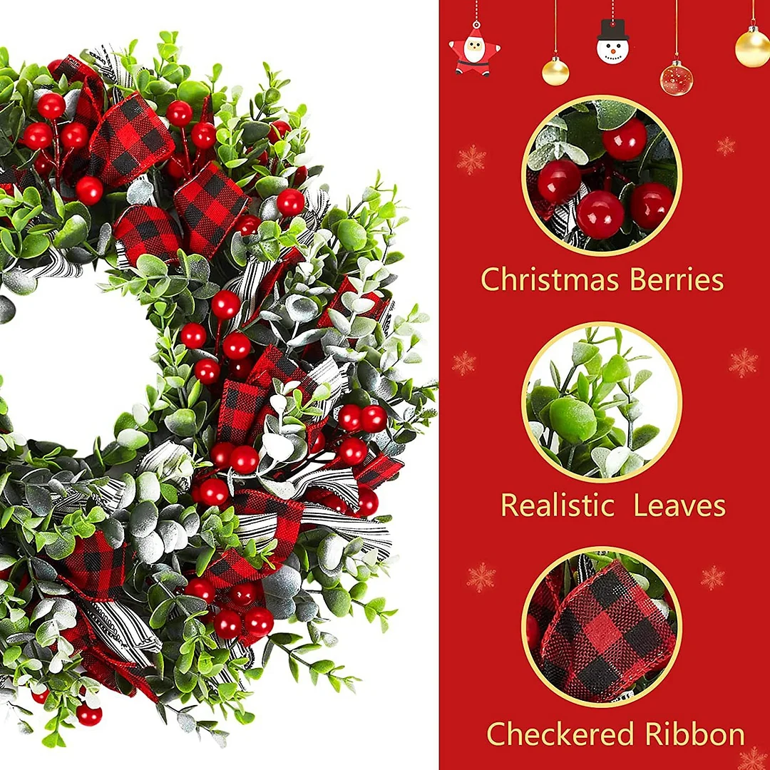 Red and black Grid Bow Knot Pine Cone Artificial Christmas Wreaths Winter Door Wreath