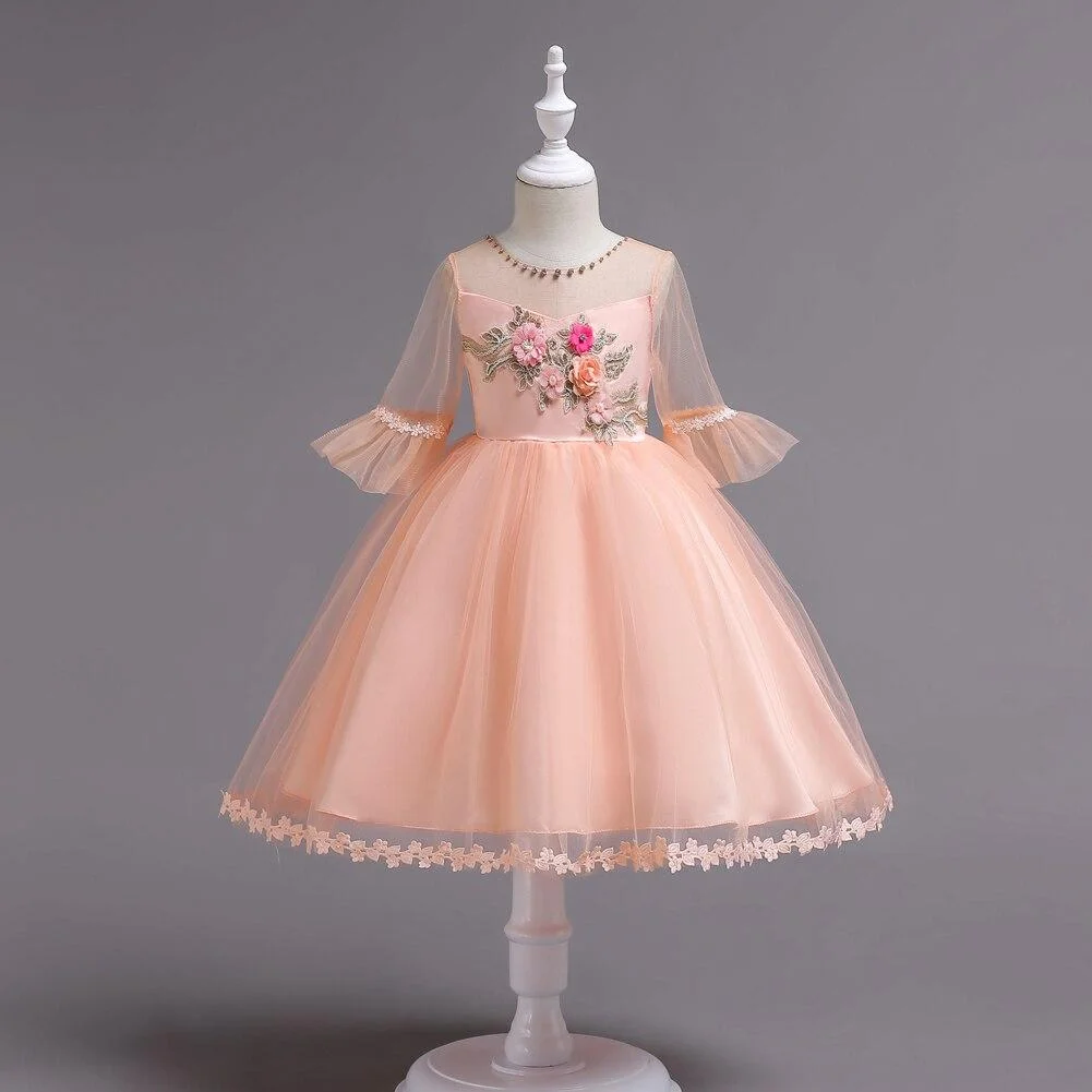 Girls Princess Party Dresses Lace Mesh Middle Sleeve Three-Dimensional Flower Dress Girl 10 Years Old Dress