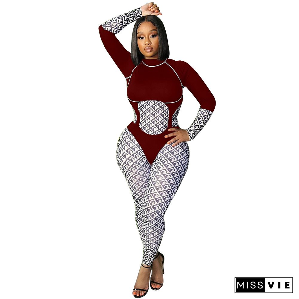 Patchwork Print O Neck Long Sleeve Bodycon Jumpsuit