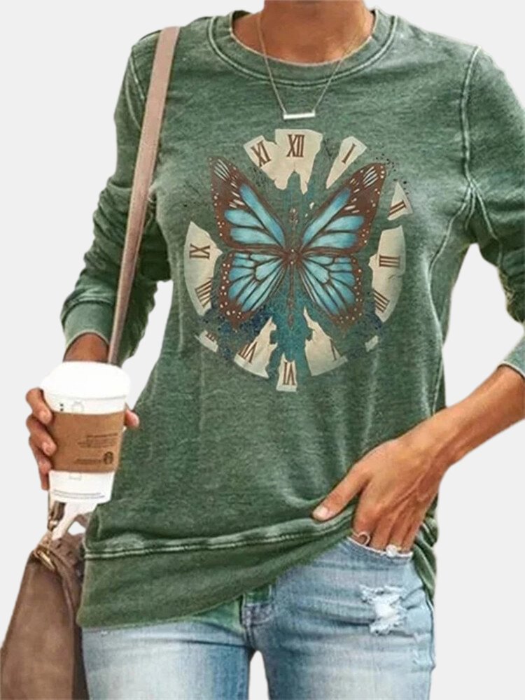 Butterfly Print O neck Long Sleeves Casual T shirt P1718739