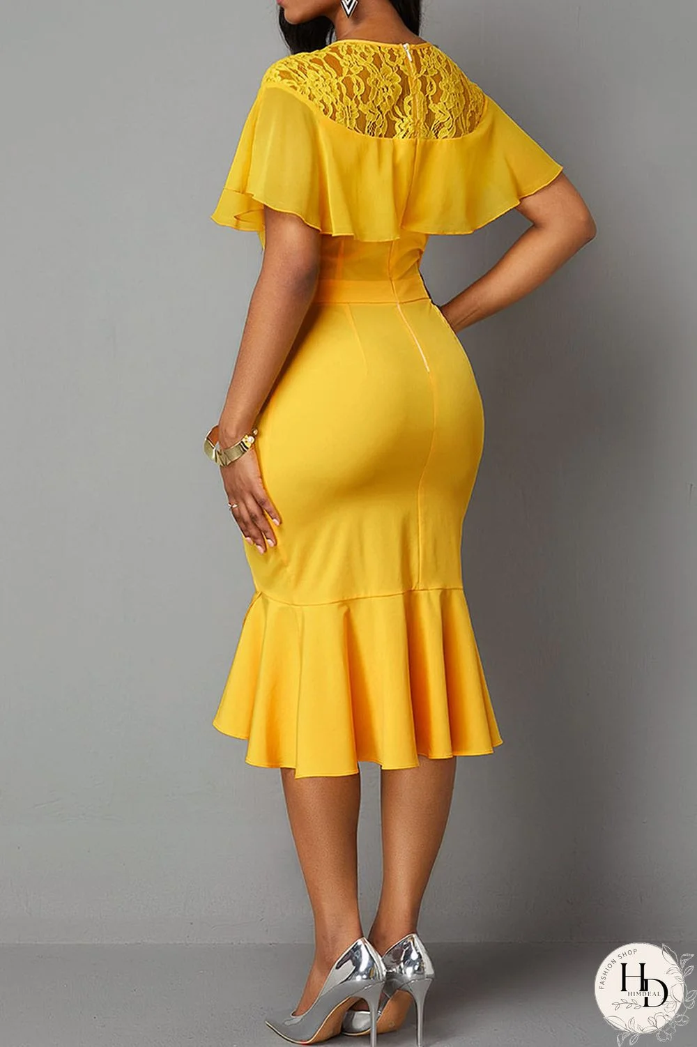 Yellow Work Solid Patchwork Flounce Asymmetrical O Neck Dresses