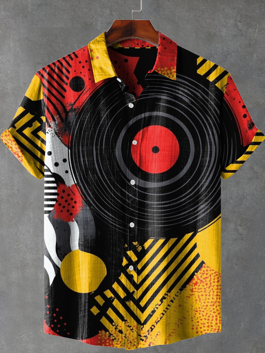 Retro Vinyl Record Cartoon Art Print Casual 100% Cotton Shirt