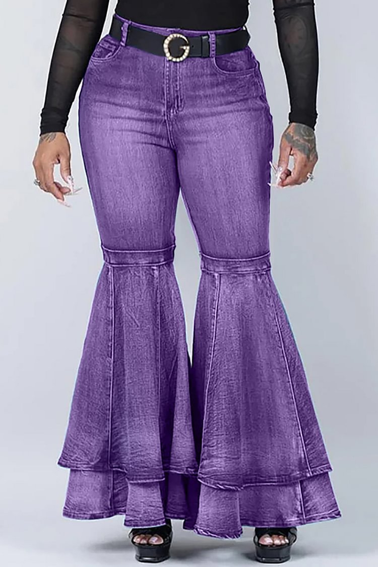 Xpluswear Plus Size Purple Denim With Pockets Ruffle Wide Leg Bell Bottom Jeans [Pre-Order]