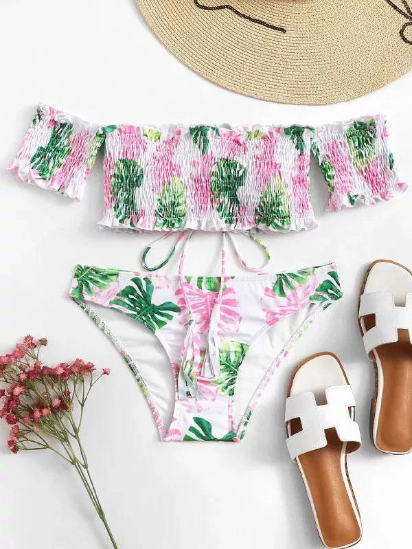 Sexy Drape Printed Short Sleeve Bikini Set