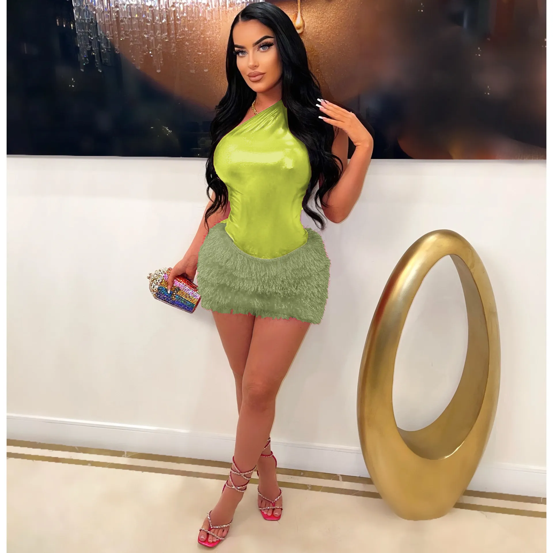 Women Clothing Skirt Set Jumpsuit Glossy Sexy Skirt Two Piece Set