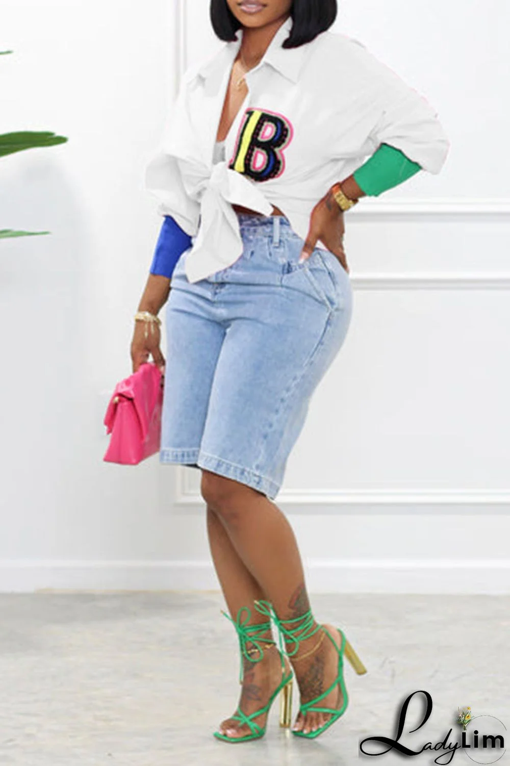 White Casual Solid Embroidered Patchwork Buckle Turndown Collar Tops