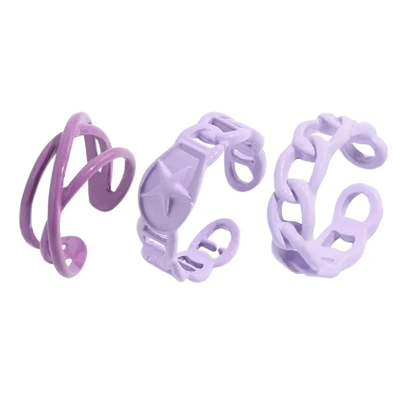 Dvacaman 2021 New Trendy Hand-Painted Candy Color Dripping Oil Geometric Chain Rings Set for Women Colorful Irregular Open Rings