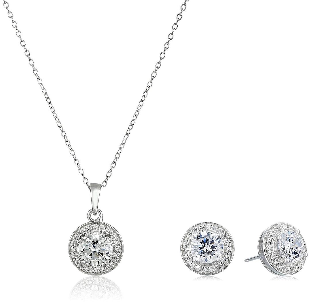 Sterling Silver Cubic Zirconia Halo Pendant Necklace and Stud Earrings Jewelry Set