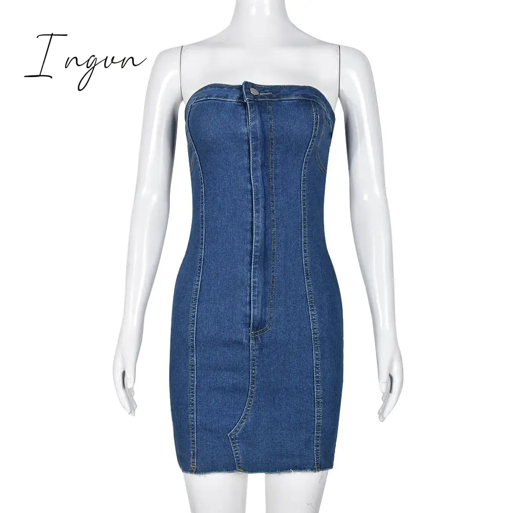 Ingvn - Blue Strapless Denim Mini Dress Women Sexy Off Shoulder Backless Y2K Sheath Tube Dresses
