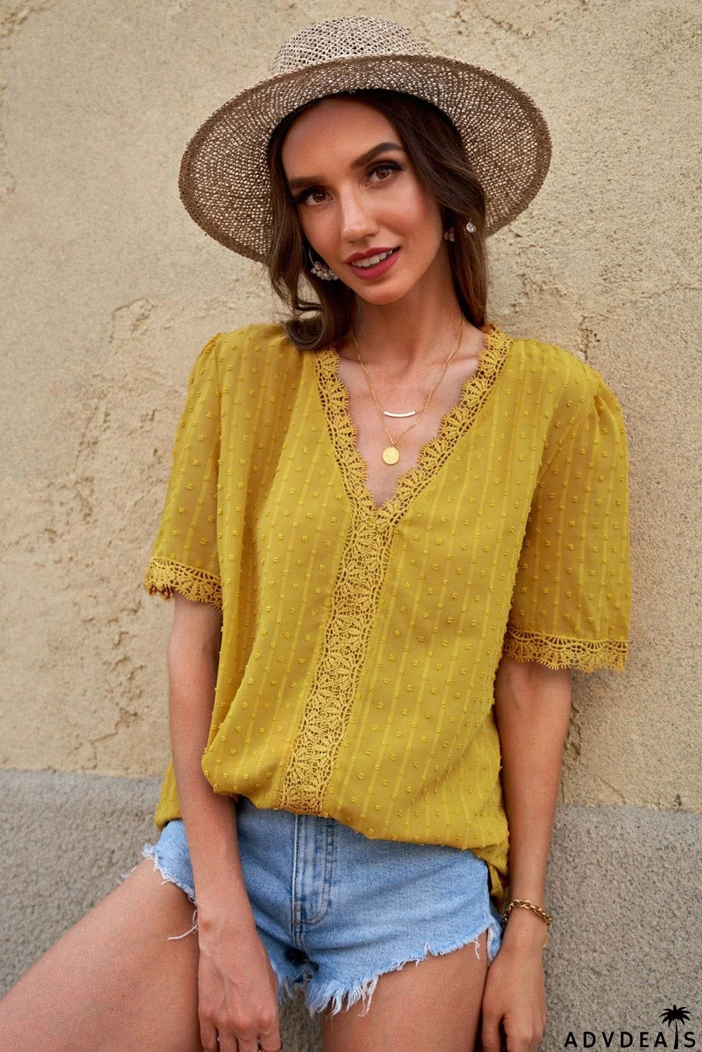 Chic Yellow Lace Splicing V-Neck Swiss Dot Short Sleeve Blouse