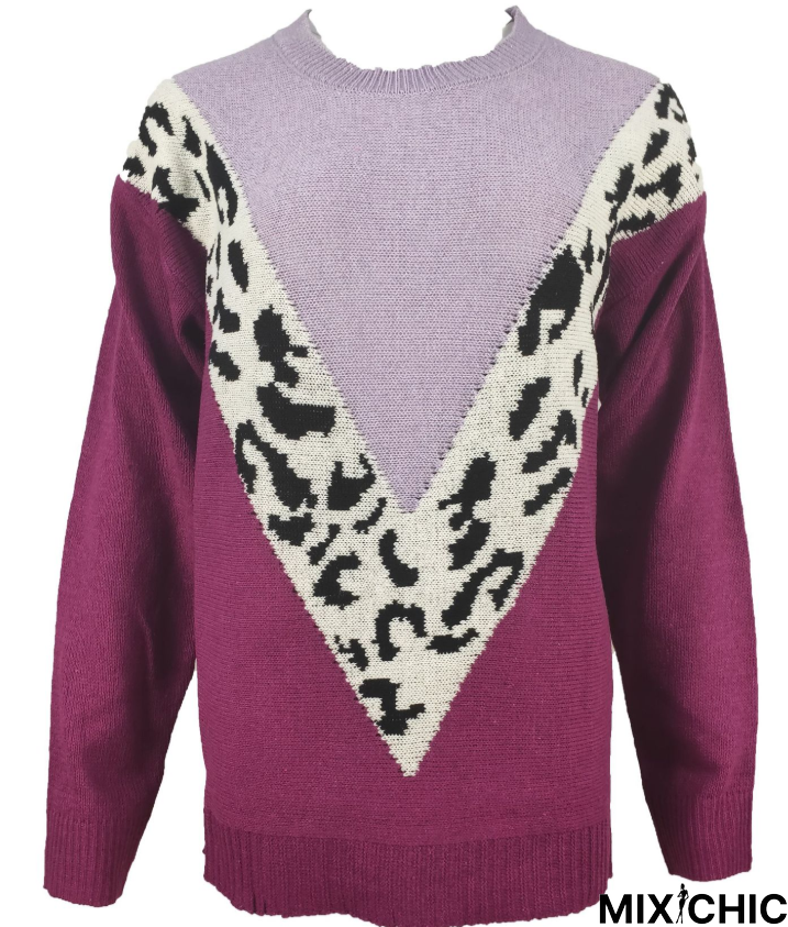 Solid Color Stitching Leopard Sweater Long-Sleeved Shirt Sweater