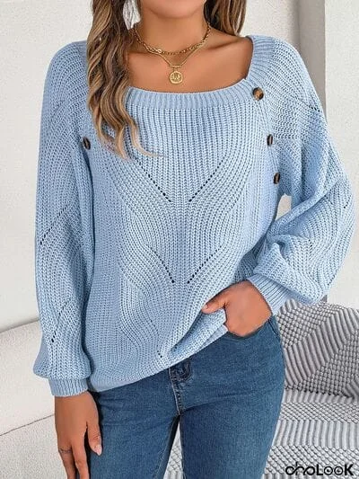 Openwork Buttoned Square Neck Sweater