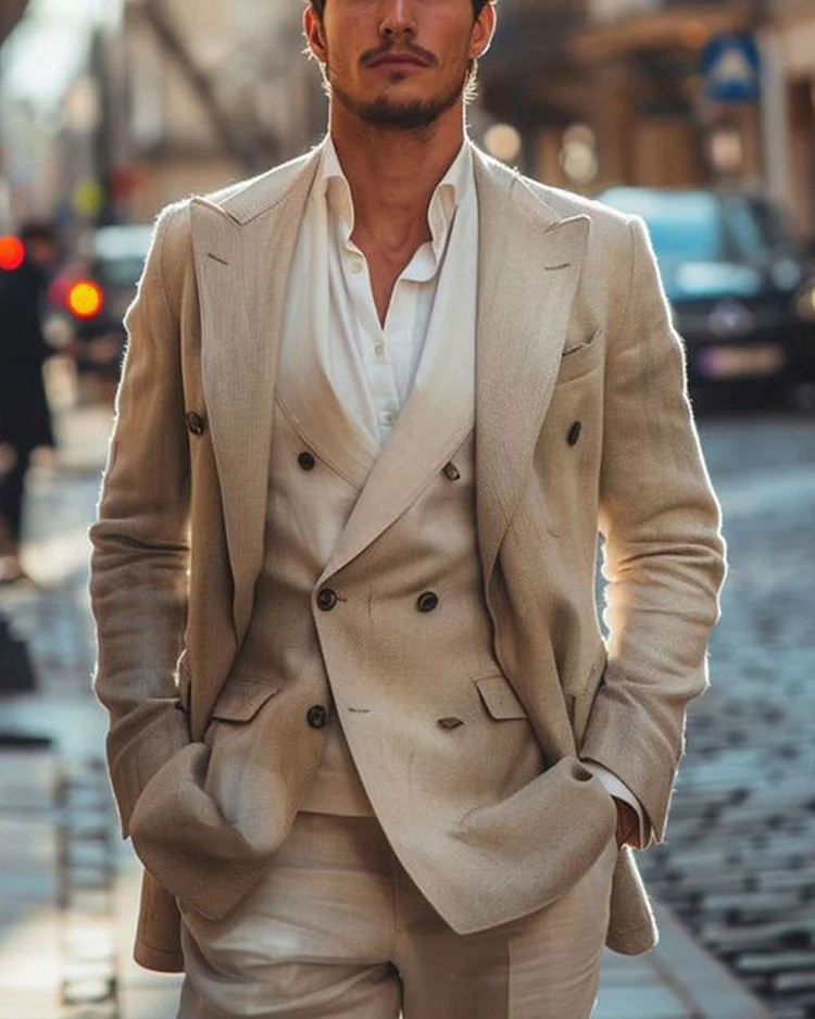 Men's Men's s Linen Summer Beach Wedding Three-Piece Suit