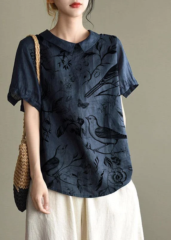 Simple Blue bird Peter Pan Collar Patchwork Summer Linen Blouses
