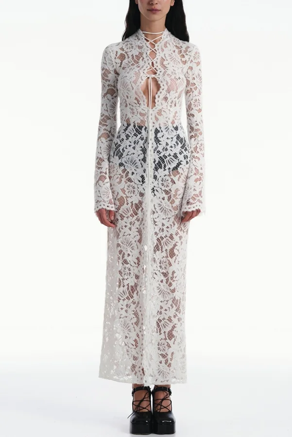 Garcelle Floral Lace Lace-up Long Bell Sleeve Slit Midi Dress